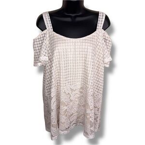 Large Perseption Concept Ivory White Lace Blouse Top Cold Shoulder Boho Stretch